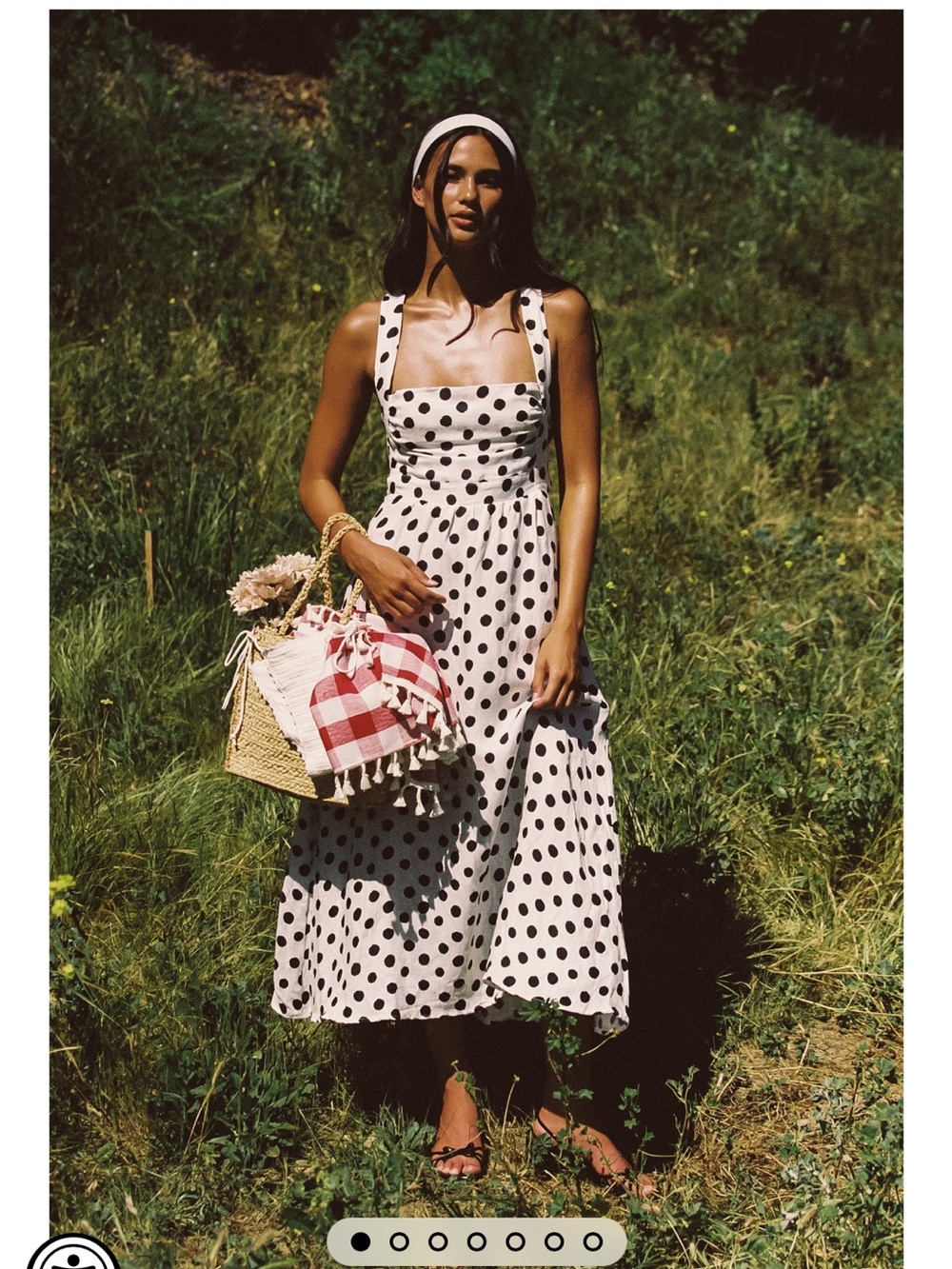 Polka Dot Square-Neck Midi Dress - White with Black Dots - Pinup Style